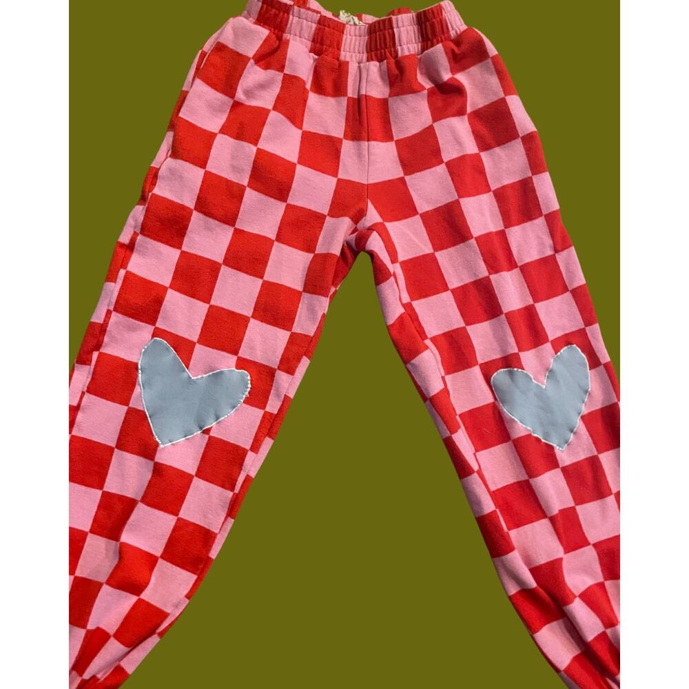 XS Upycycled Checkered Pink and Red Patterned Sweatpants - Picture 2 of 4